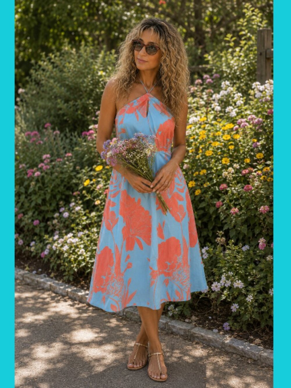 M Women's Tropical Tie Around Neck Dress Summer Lightweight Blue Orange Floral